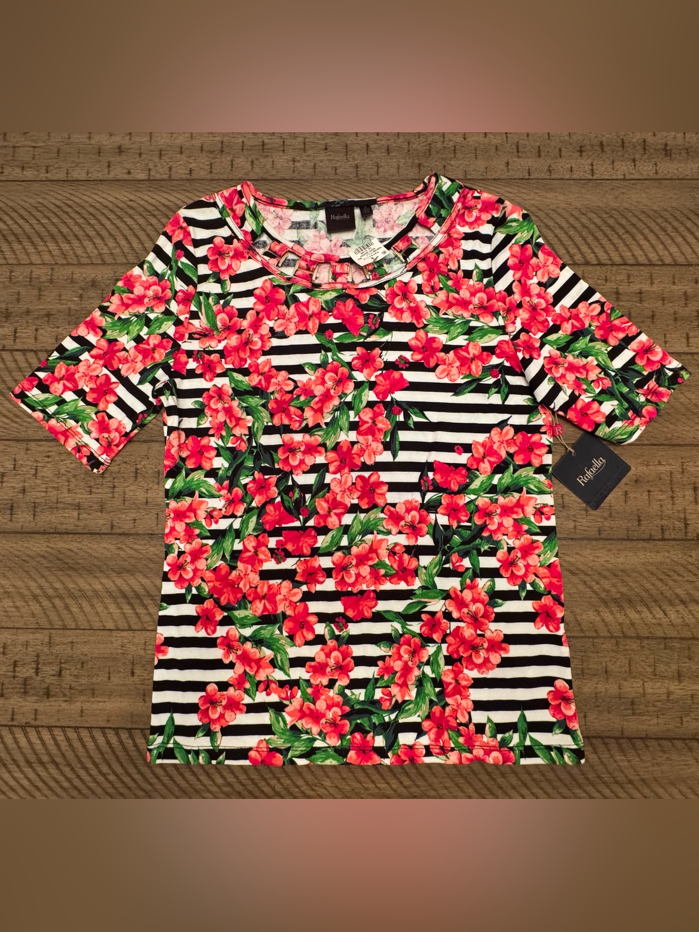 Rafaella Floral Striped Top T-Shirt with Gold Hardware Neckline Detail